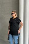 Büyük Beden Kısa Kollu Bisiklet Yaka Yanları Yırtmaçlı Boncuklu Basic T-shirt RFT-03