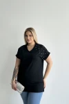 Büyük Beden Kısa Kollu V Yaka Yanları Yırtmaçlı Boncuklu Basic T-shirt RFT-04