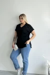 Büyük Beden Kısa Kollu V Yaka Yanları Yırtmaçlı Boncuklu Basic T-shirt RFT-04