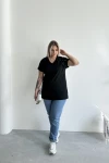 Büyük Beden Kısa Kollu V Yaka Yanları Yırtmaçlı Boncuklu Basic T-shirt RFT-04
