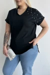 Büyük Beden Kısa Kollu V Yaka Yanları Yırtmaçlı Boncuklu Basic T-shirt RFT-04