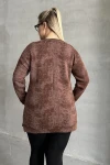 Büyük Beden Uzun Kollu Bisiklet Yaka Önü Cepli Desenli Sweatshirt 106-79