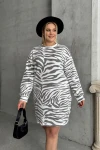 Büyük Beden Uzun Kollu Bisiklet Yaka Zebra Desenli Mini Elbise 84-194