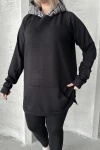 Büyük Beden Uzun Kollu Kapüşonlu Kanguru Cepli Yanları Yırtmaçlı Sweatshirt 300372